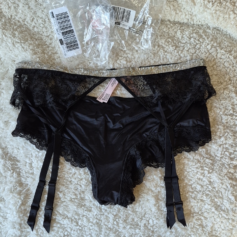 2pc Victoria's Secret Black Lace Panties with Silver Accents And Shimmery GARTER